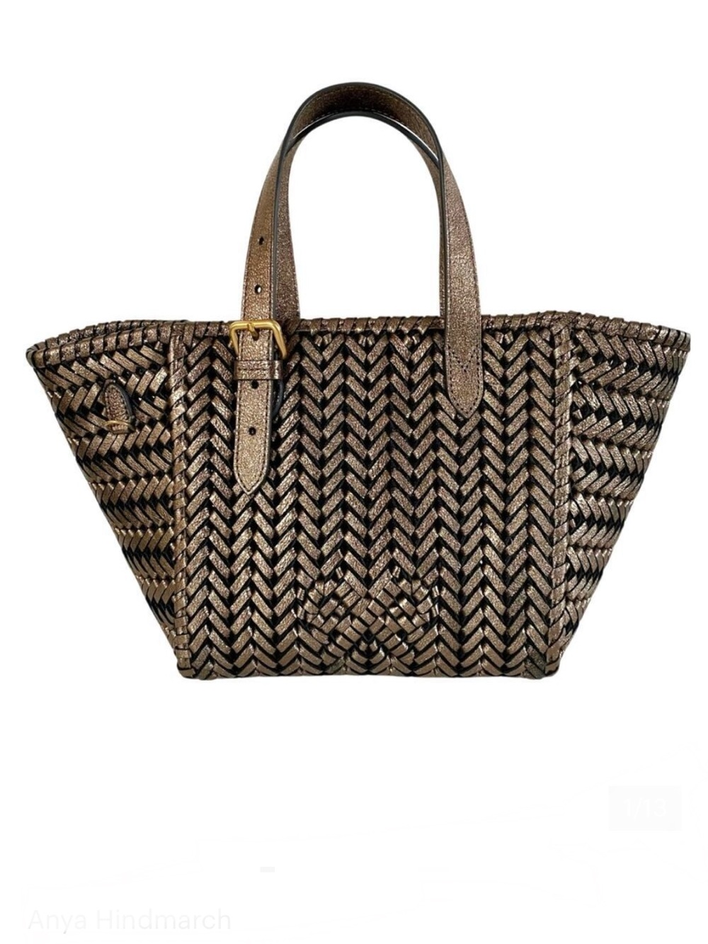 Anya Hindmarch Leather Woven The Neeson Square Tote Small Smog Crinkled Metallic